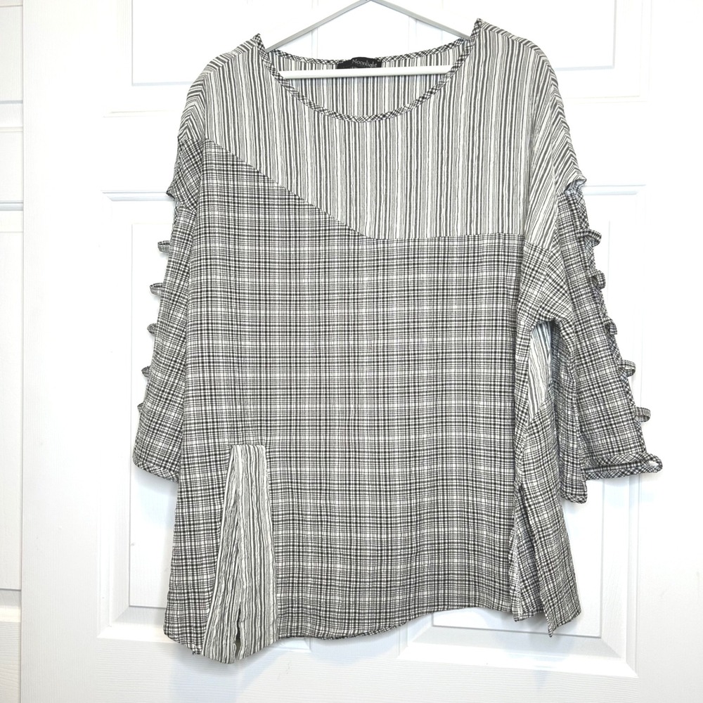 Moonlight Y‎ & S Fashion Design Patchwork Plaid Stripe Tunic Top Blouse